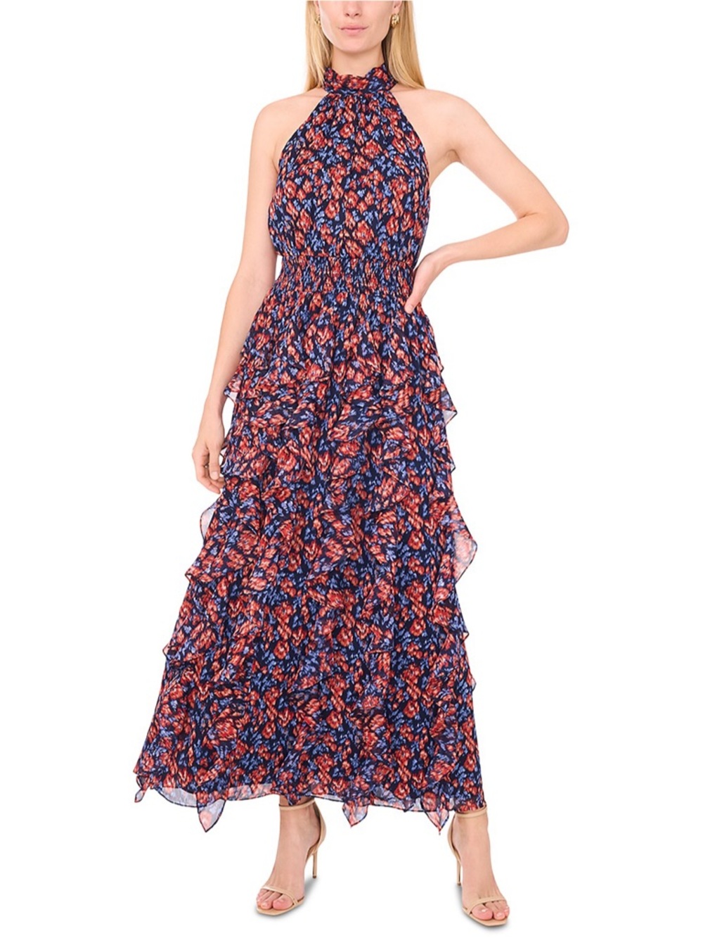 1. State Navy and Coral Floral Midi Tiered Halter Dress
